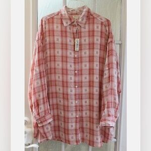 Max Studio Brick Red&Ivory Check Roll Tab Sleeve Button Up Blouse/Dress NWT
